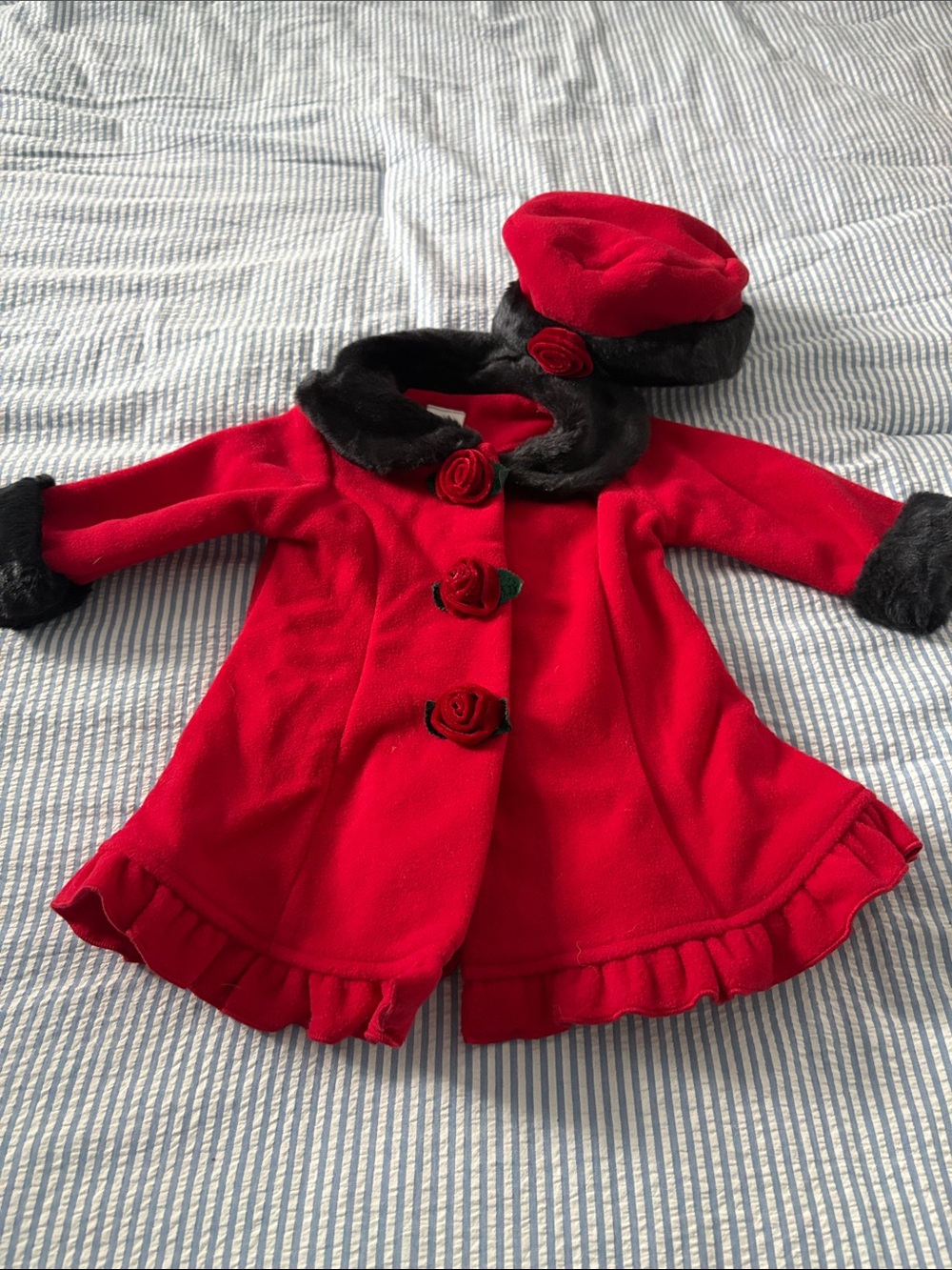 Starting Out Red Pea Coat with Black Faux Fur Trim and Matching Beret